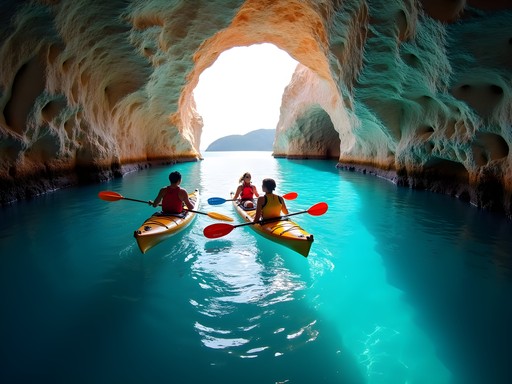 Sea kayakers exploring blue caves near Kolymbithres Beach in Paros