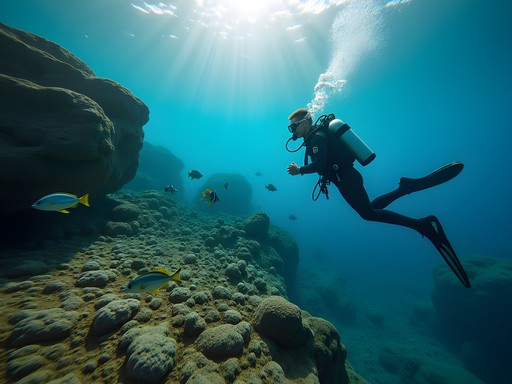 Scuba diver exploring underwater rock formations near Paros Greece