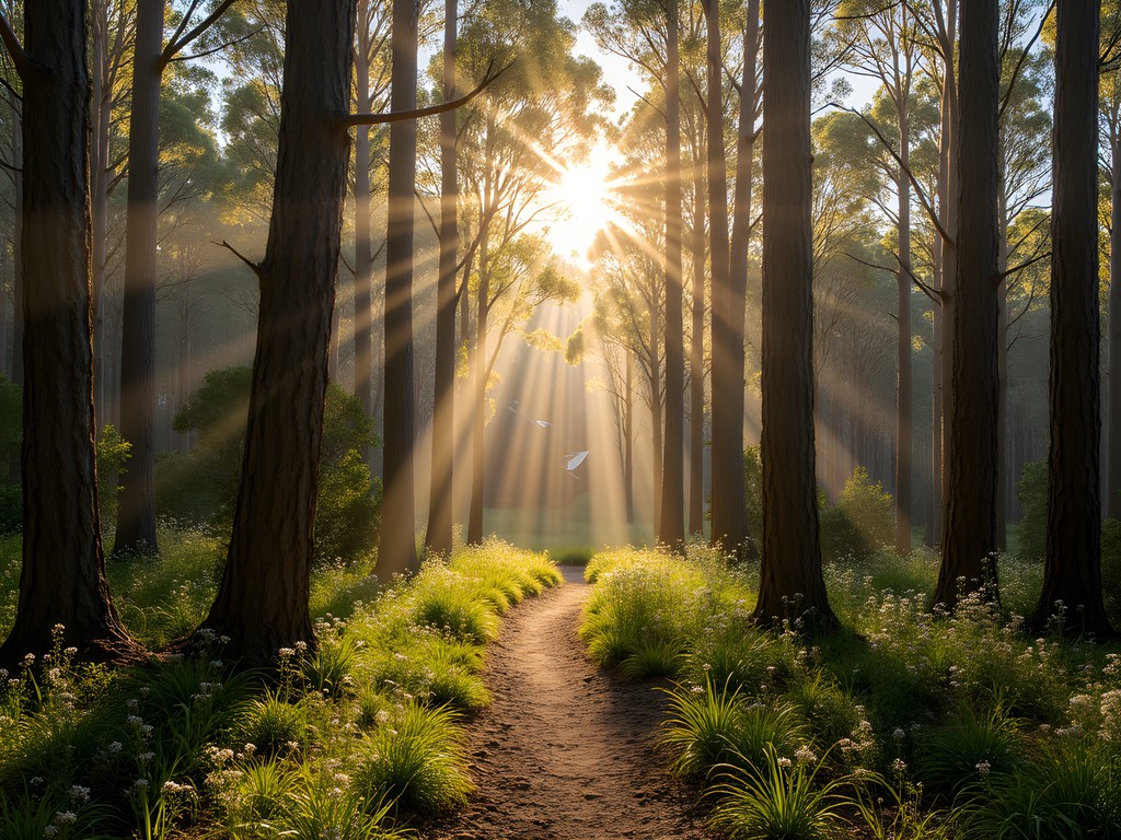 Sunlight filtering through tall jarrah trees on the Bibbulmun Track near Perth