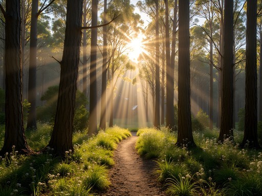 Sunlight filtering through tall jarrah trees on the Bibbulmun Track near Perth
