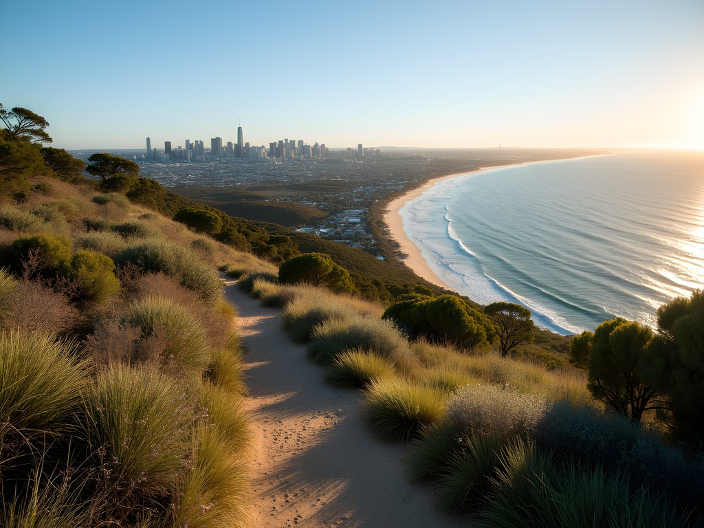 View from Reabold Hill on the Zamia Trail with Perth skyline and Indian Ocean visible