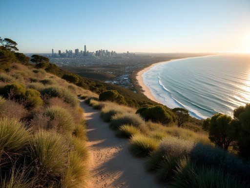 View from Reabold Hill on the Zamia Trail with Perth skyline and Indian Ocean visible