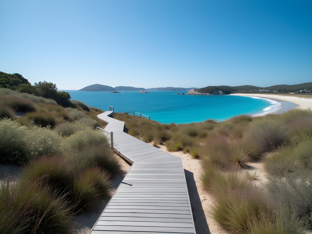 Wooden boardwalk on Penguin Island with turquoise waters of Shoalwater Bay visible