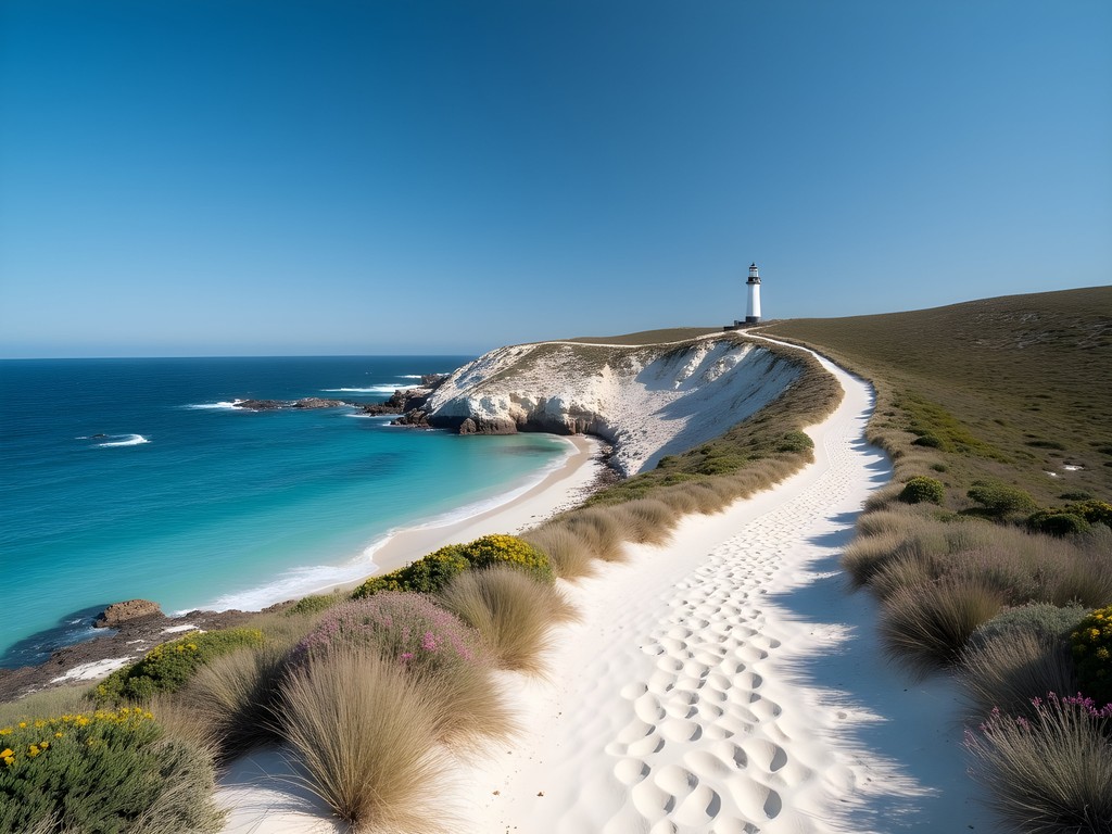 Coastal hiking trail on Rottnest Island with Wadjemup Lighthouse in the distance