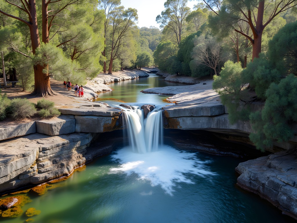 Family hiking to National Park Falls in John Forrest National Park