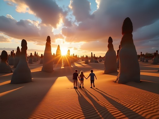 Family exploring Pinnacles Desert limestone formations at sunset