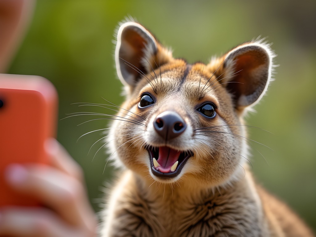 Smiling quokka at Rottnest Island with visitor taking selfie