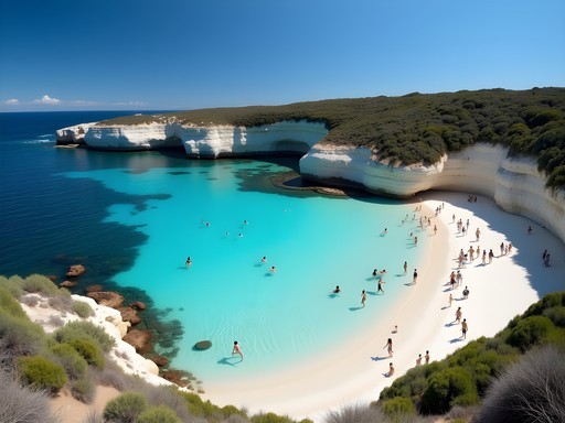 Crystal clear waters of The Basin beach at Rottnest Island with families swimming