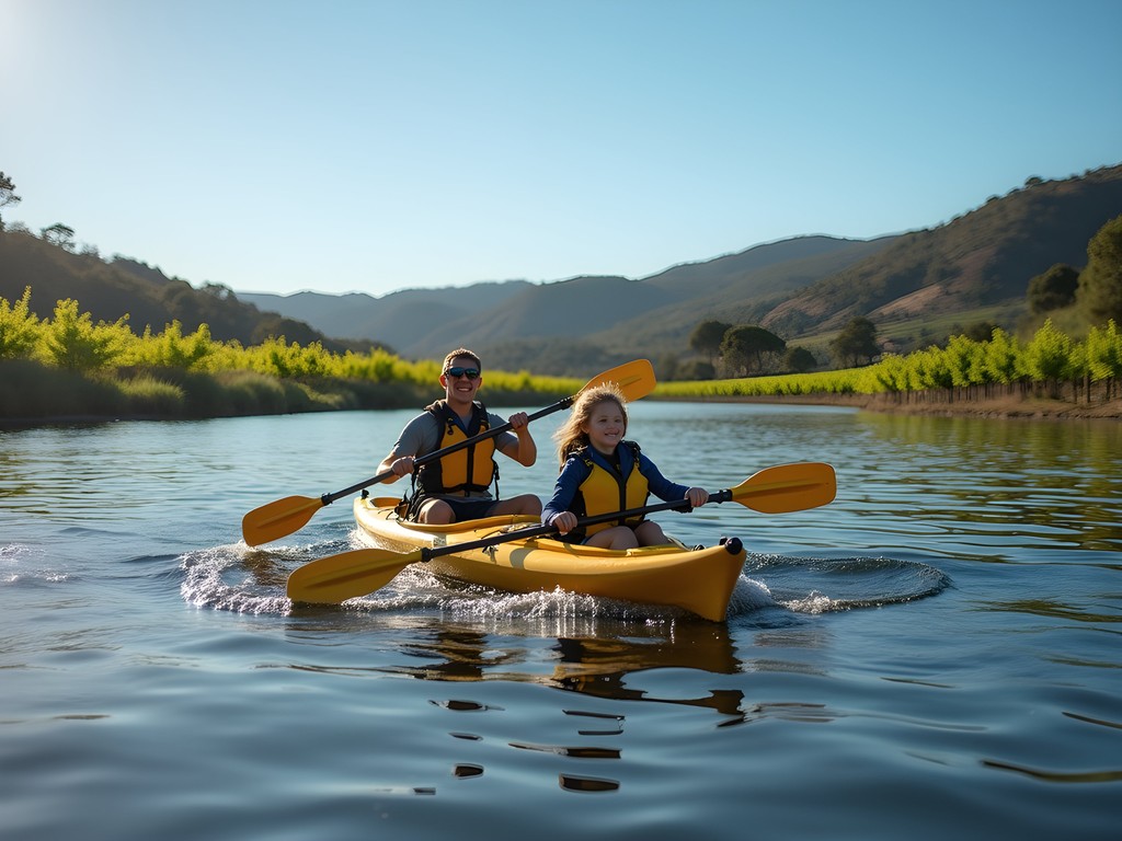 Family kayaking on Swan River with vineyards in background