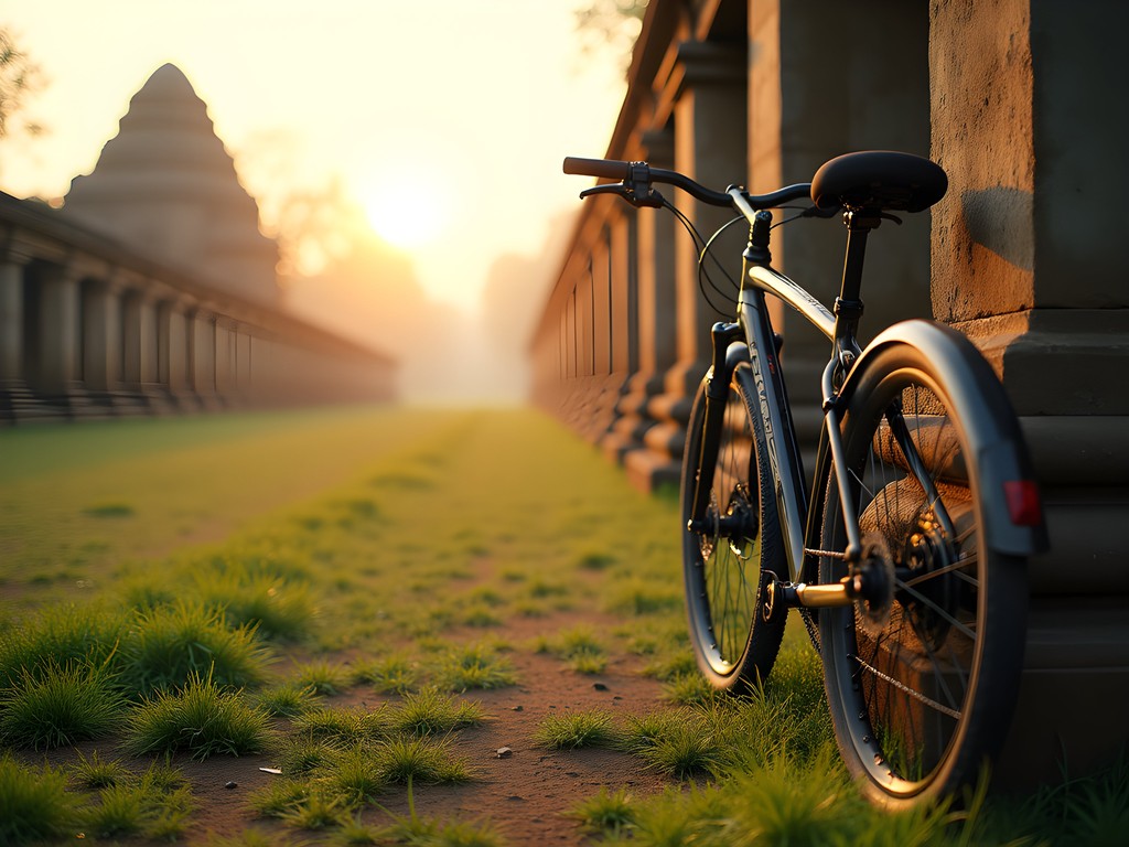 Woman cycling through ancient ruins of Polonnaruwa at sunrise