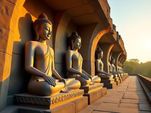Golden light illuminating the famous Buddha statues at Gal Vihara, Polonnaruwa