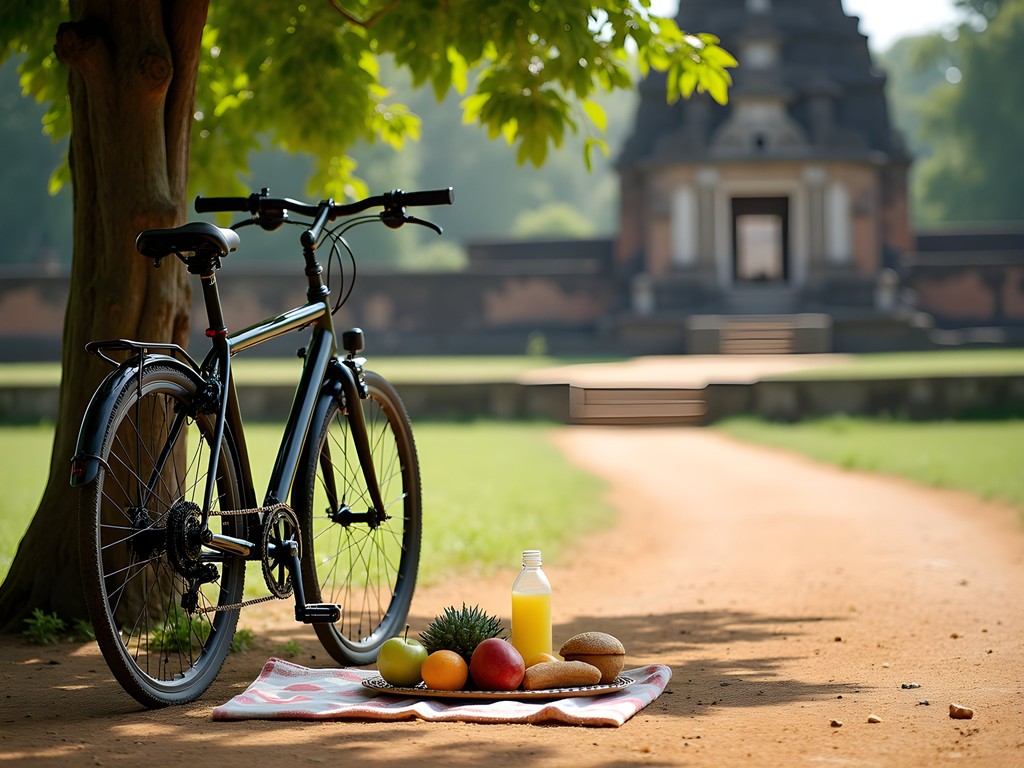 Picnic lunch setup with bicycle at Polonnaruwa archaeological site
