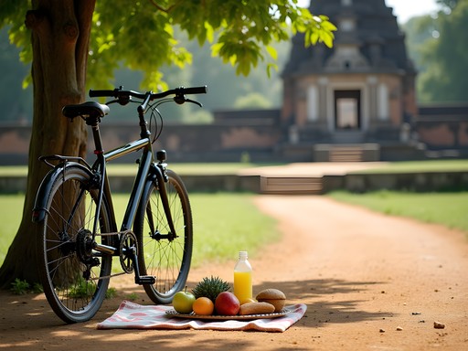 Picnic lunch setup with bicycle at Polonnaruwa archaeological site