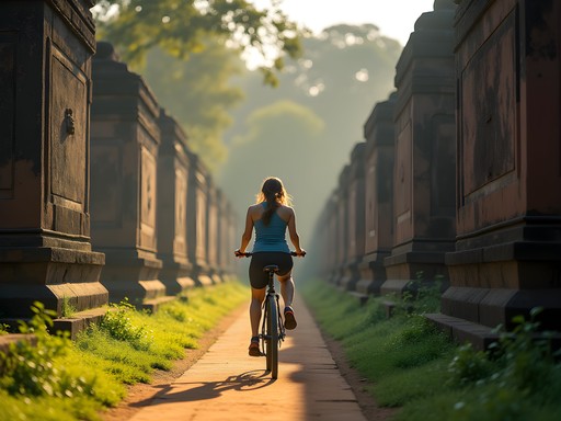 Woman cycling past ancient ruins in Polonnaruwa's Quadrangle