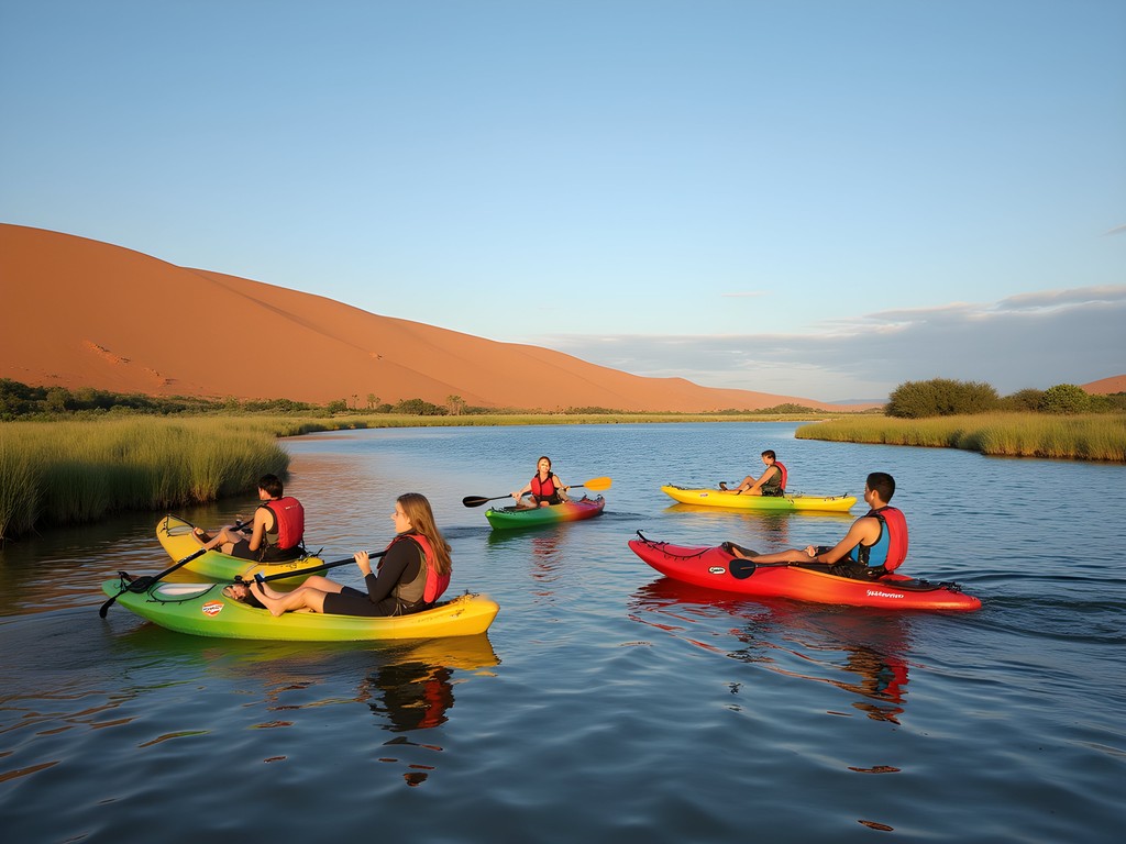Family kayaking adventure on Sunday's River with massive sand dunes in background