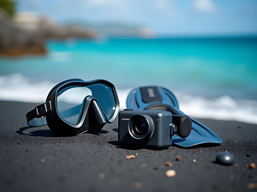 Snorkeling equipment laid out on beach with Champagne Reef visible in background