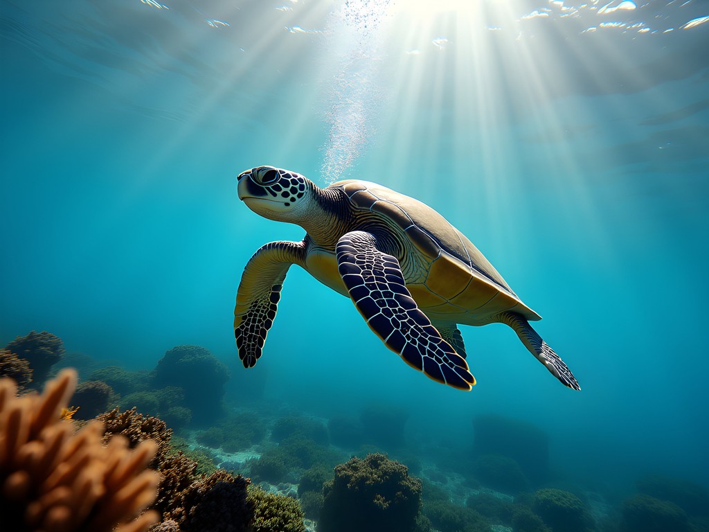 Hawksbill turtle swimming through bubbles at Champagne Reef in Dominica
