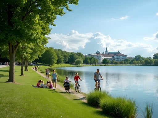 Families enjoying recreational activities around Malta Lake in Poznan during summer
