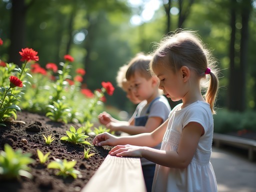 Children exploring the sensory garden section of Poznan's Botanical Garden in summer
