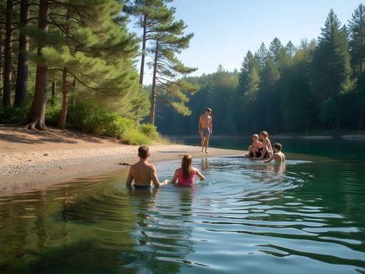 Local families enjoying natural swimming at Rusałka Lake surrounded by forest in Poznan