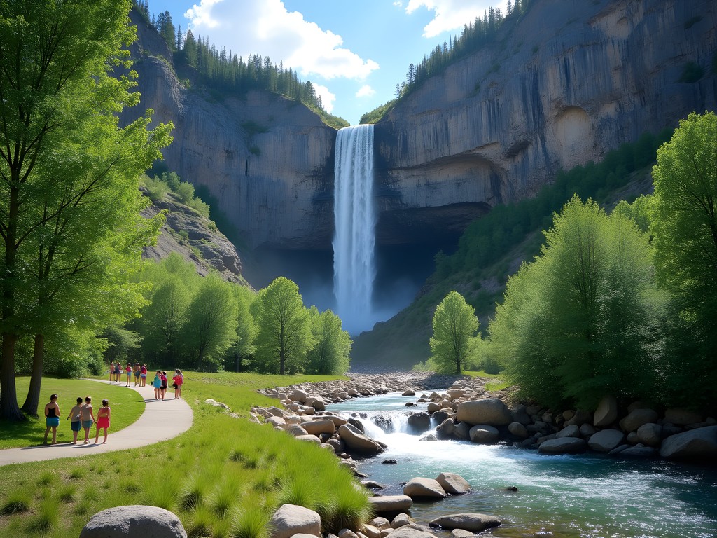 Bridal Veil Falls cascading down mountain with families enjoying the view