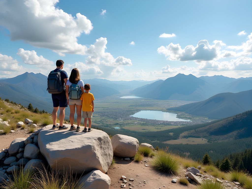 Family enjoying panoramic view from Buffalo Peak summit with Utah Valley below