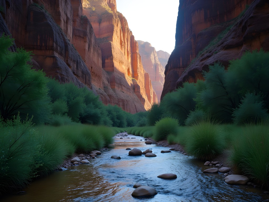 Towering limestone walls of Rock Canyon with flowing stream and summer vegetation