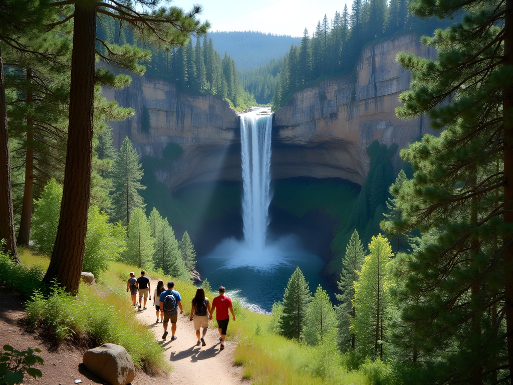 Stewart Falls cascading through forest with family hiking trail in foreground