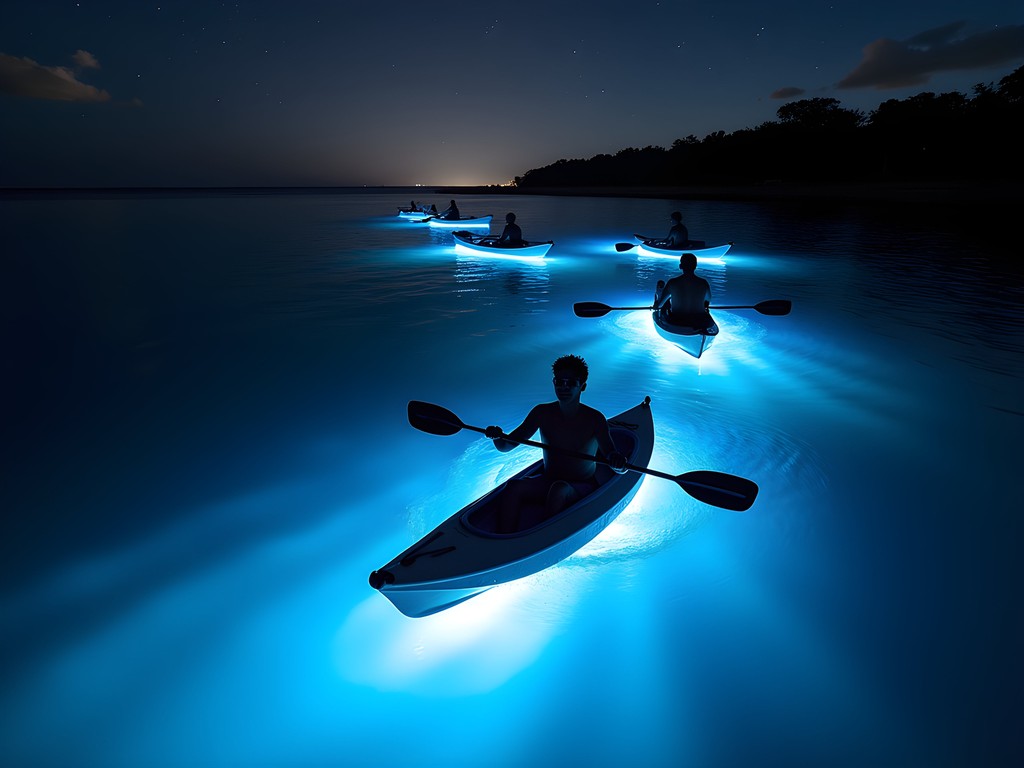 Transparent kayaks glowing with blue bioluminescence during night paddle in Puerto Plata bay