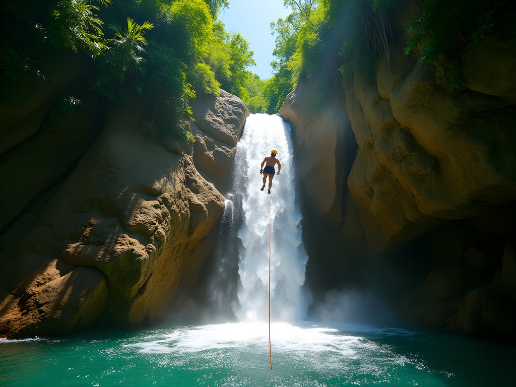 Adventurer rappelling down waterfall during canyoning expedition near Puerto Plata