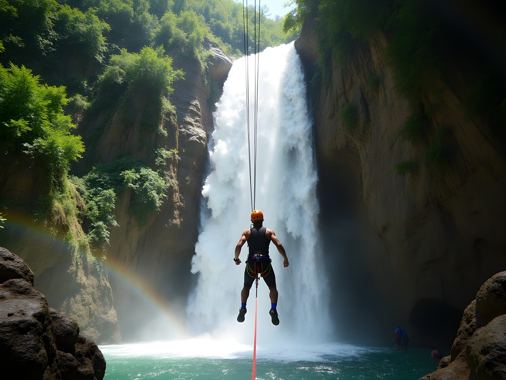 Adventure seeker rappelling down 75-foot waterfall during cascading expedition in Puerto Plata