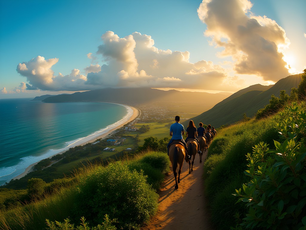 Horseback riders on mountain trail with panoramic coastal view of Puerto Plata