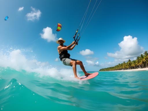 Kiteboarder riding across turquoise waters of Cabarete Bay with colorful kite overhead