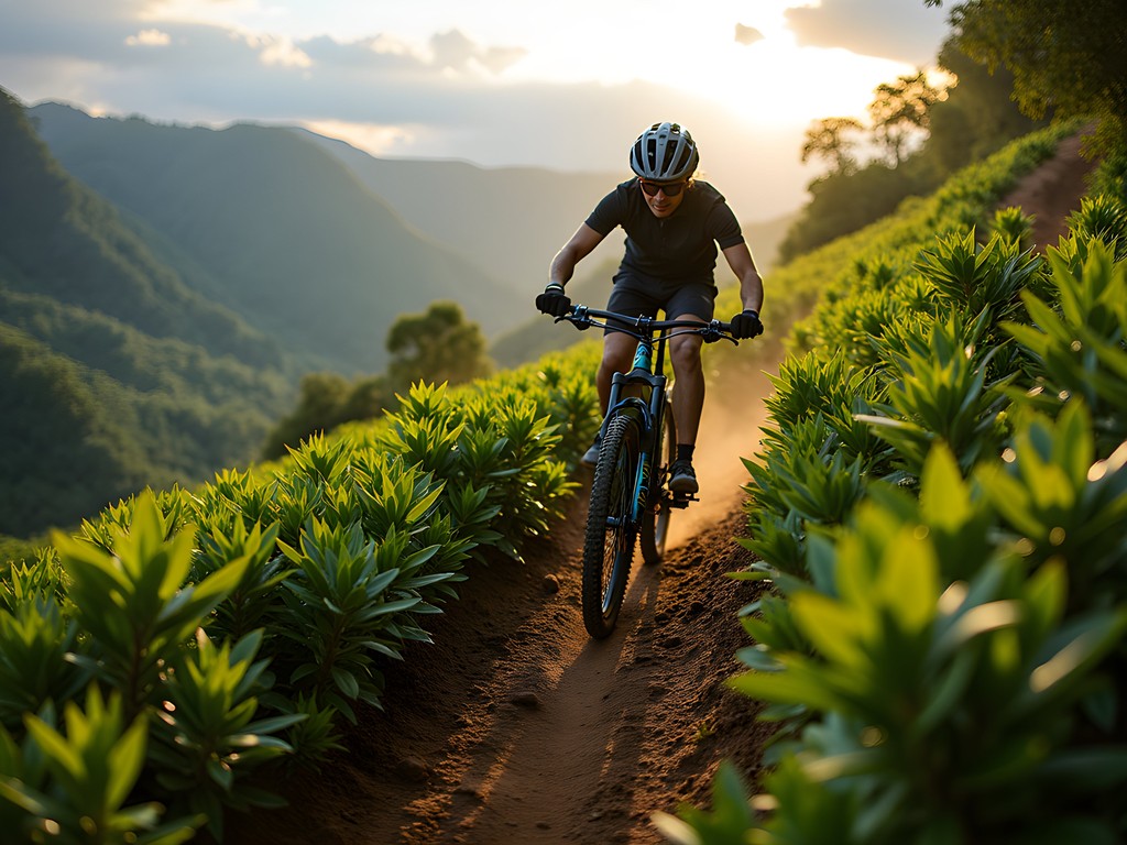 Mountain biker riding single-track trail through coffee plantation in Puerto Plata highlands