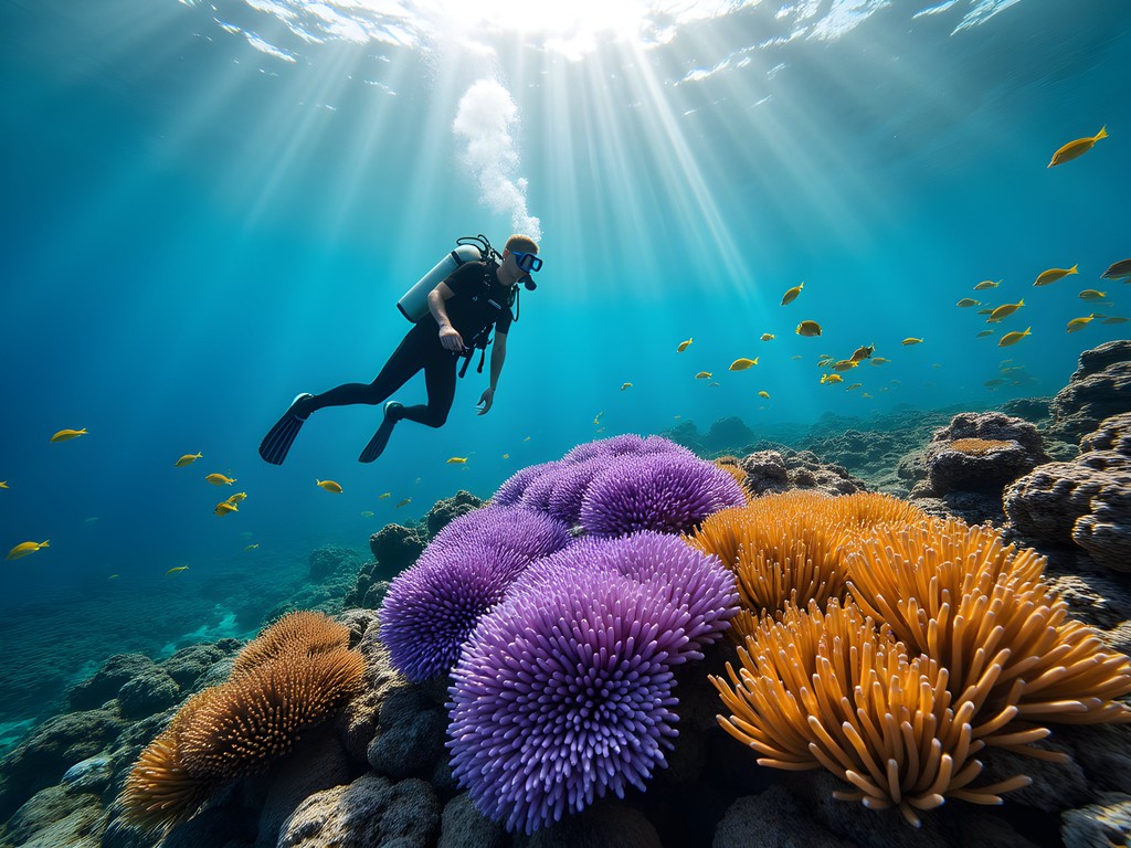 Diver exploring vibrant coral reef in Sosúa Underwater National Park with sea fan corals and tropical fish