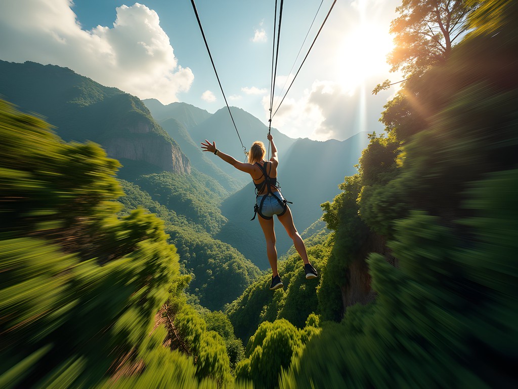 Zipliner soaring across forest canopy at Monkey Jungle with mountain views in Puerto Plata