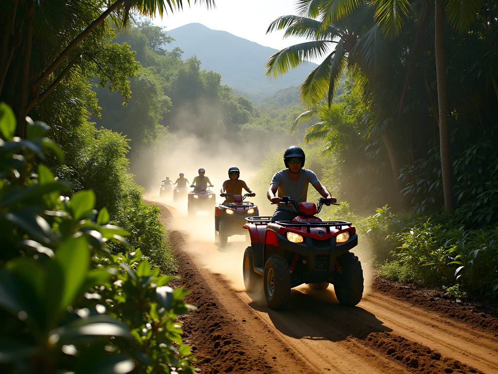 Group riding ATVs through jungle trail with mountain views in Puerto Vallarta