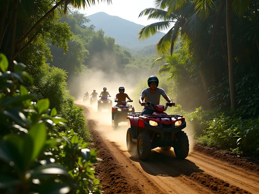 Group riding ATVs through jungle trail with mountain views in Puerto Vallarta