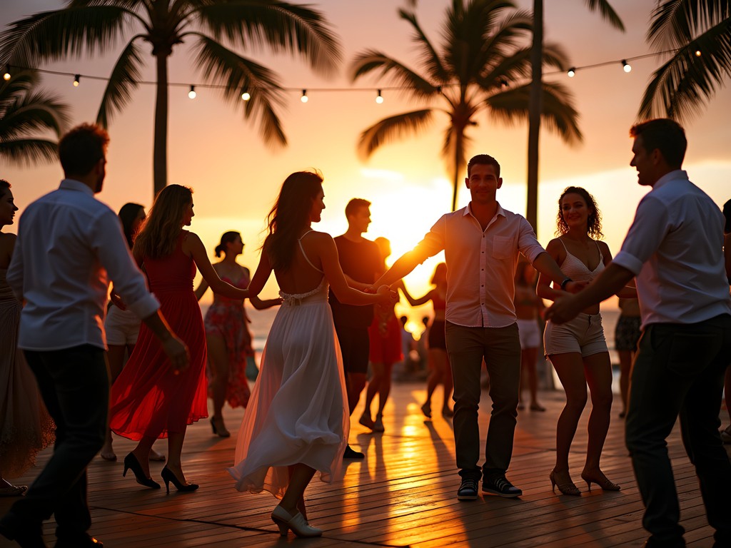 Group salsa dancing lesson on the beach at sunset in Puerto Vallarta