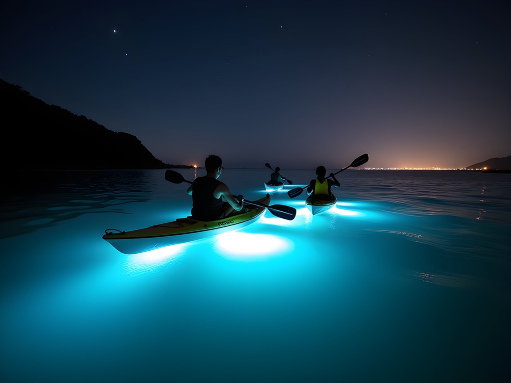 Night kayaking in glowing bioluminescent waters near Puerto Vallarta
