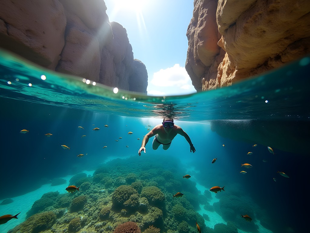 Snorkeler exploring vibrant coral reef near Los Arcos rock formations in Puerto Vallarta