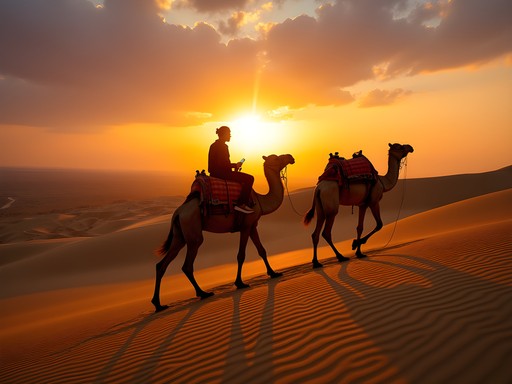 Woman riding camel across Pushkar sand dunes at sunset with golden light