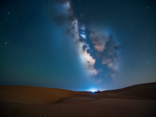 Milky Way galaxy visible over Pushkar desert landscape with silhouette of dunes