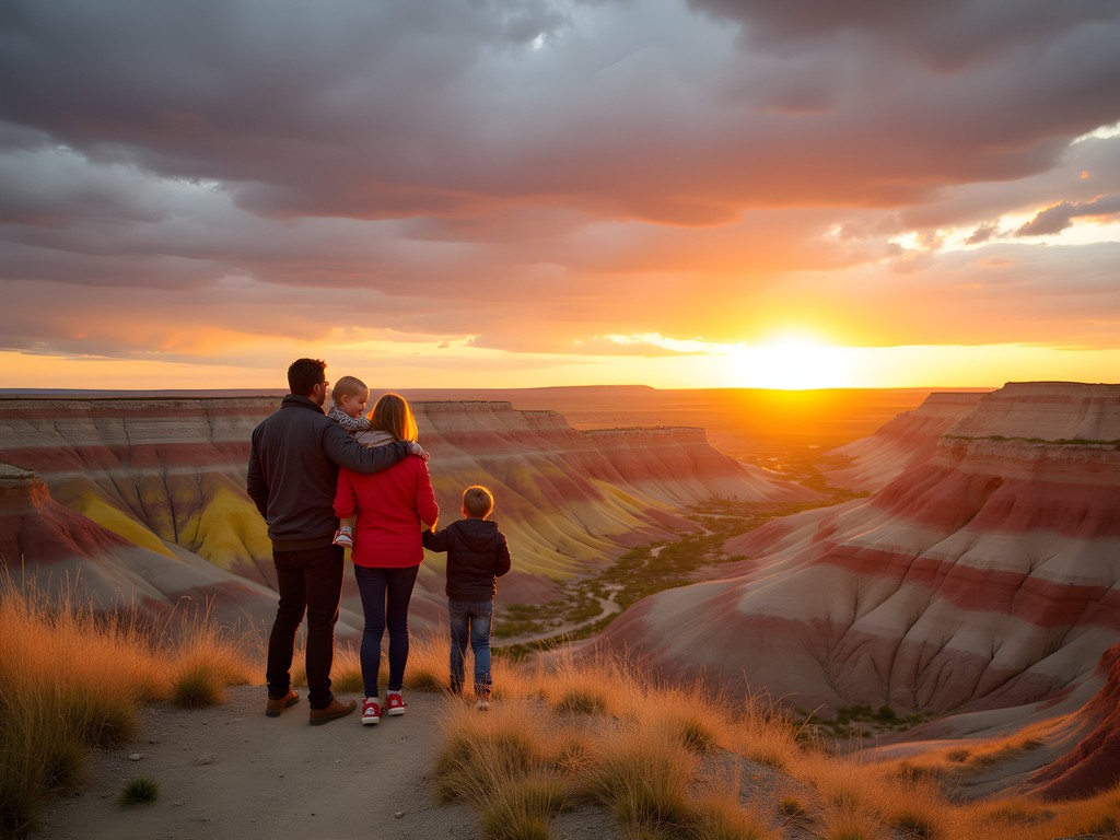 Family hiking through colorful Badlands formations at sunset