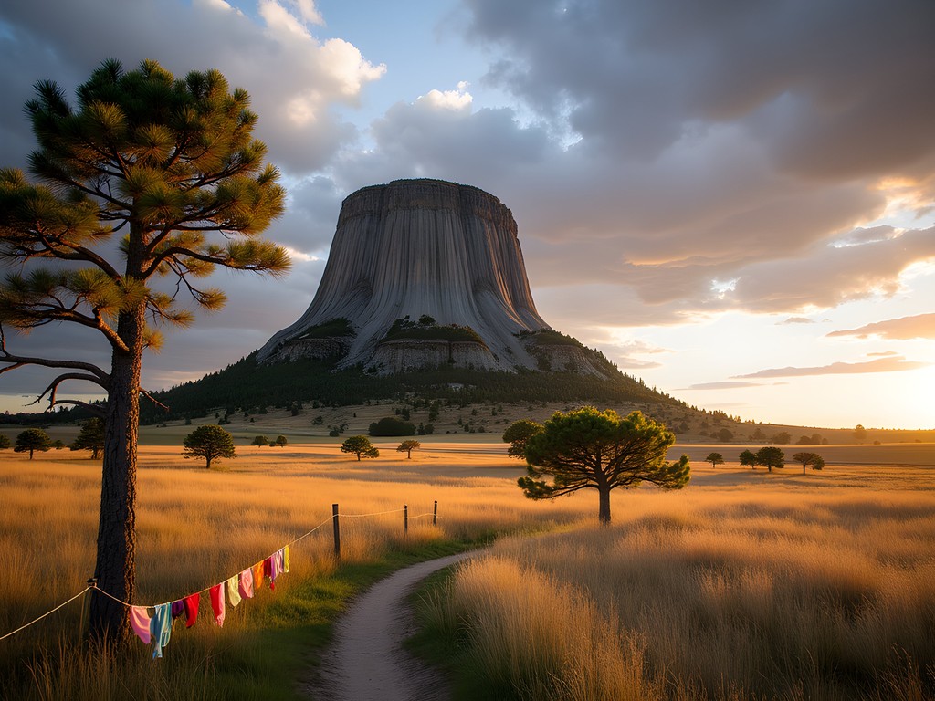 Bear Butte mountain rising from plains with prayer cloths visible