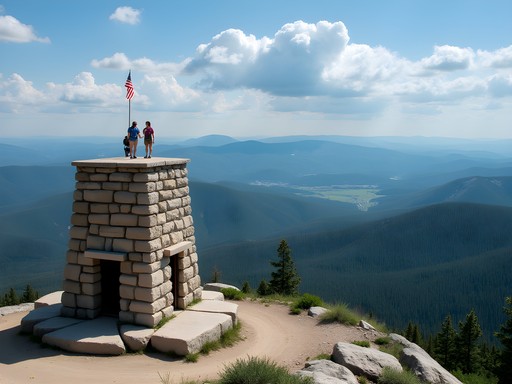 Panoramic view from Black Elk Peak summit with stone fire tower