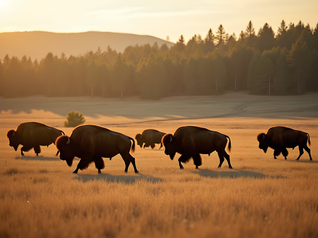 Herd of bison roaming freely across rolling prairie in Custer State Park