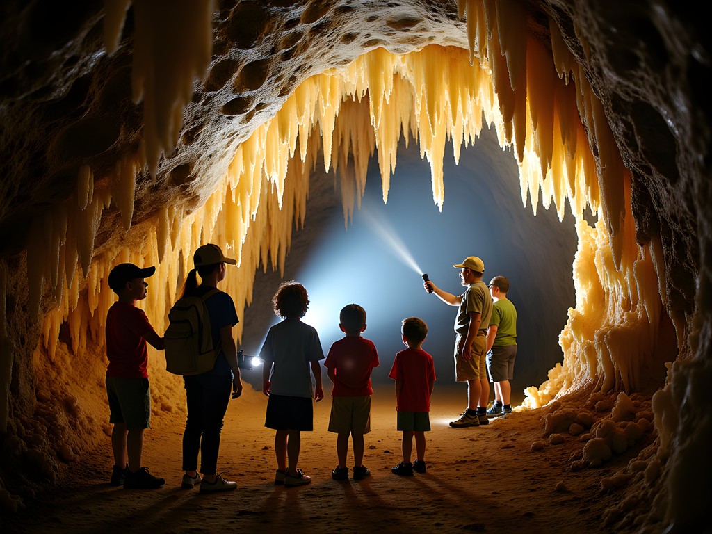 Family marveling at crystal formations inside Jewel Cave National Monument
