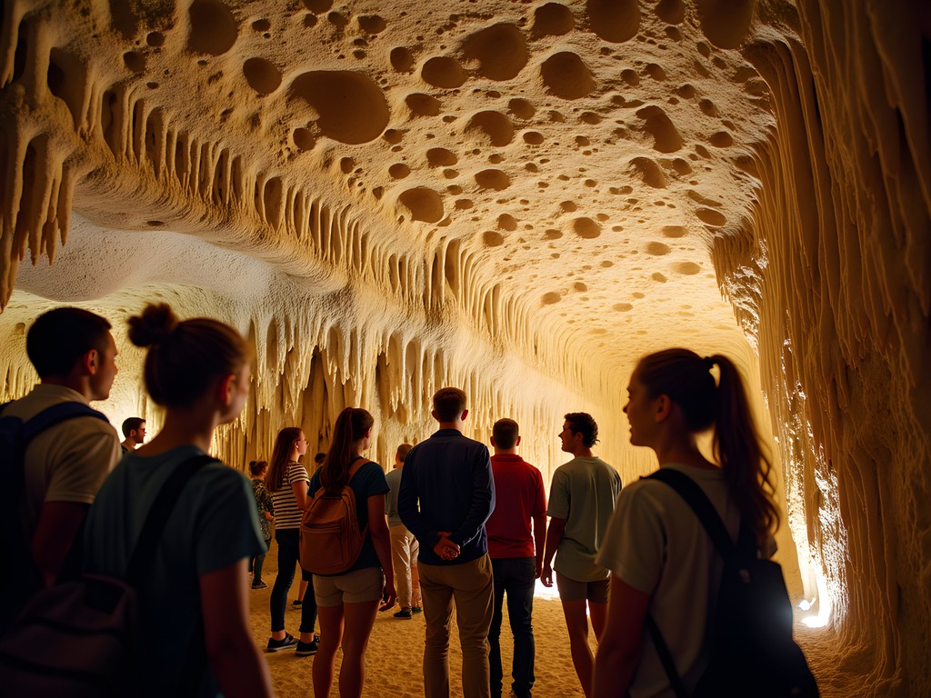 Intricate boxwork formations inside Wind Cave National Park with tour group