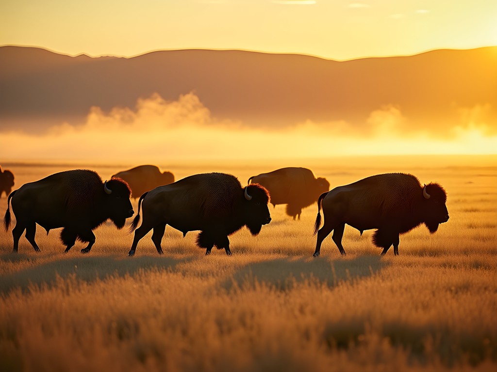 Bison herd crossing grasslands in Custer State Park at dawn with morning mist